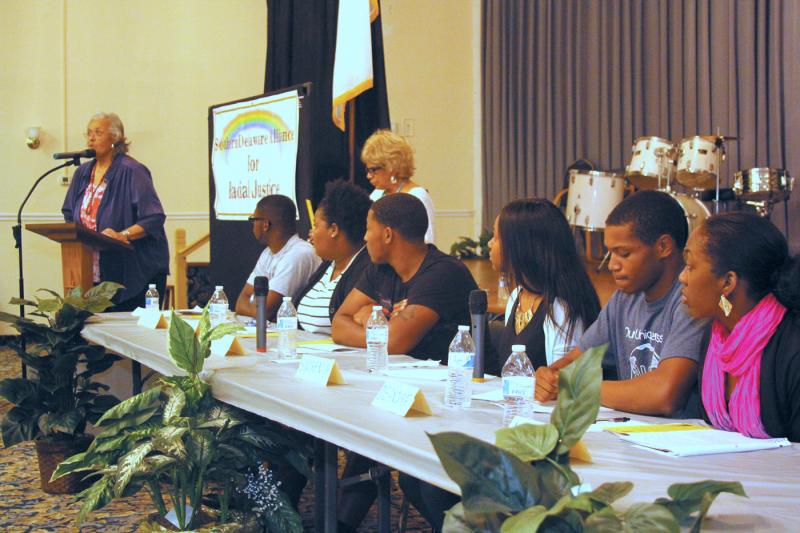 Cape High seniors participated in a panel discussion May 10 sponsored by the Southern Delaware Alliance for Racial Justice. Pictured are (l-r) Charlotte King, steering committee chairwoman; Hakeem Evans; Erykah Miller; Esthelda Parker-Selby; Tyquenze Brittingham; Suprenia Burton; DeAndre Sheppard; and Marnae Duffy. BY MELISSA STEELE
